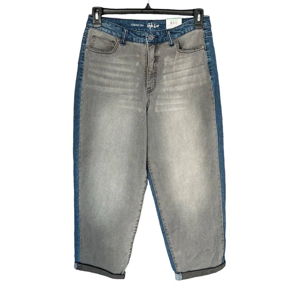 Style & Co SZ 8 Curved Leg Crop Jeans Hi-Rise 2-Tone Cuffed Blue Gray Downfall